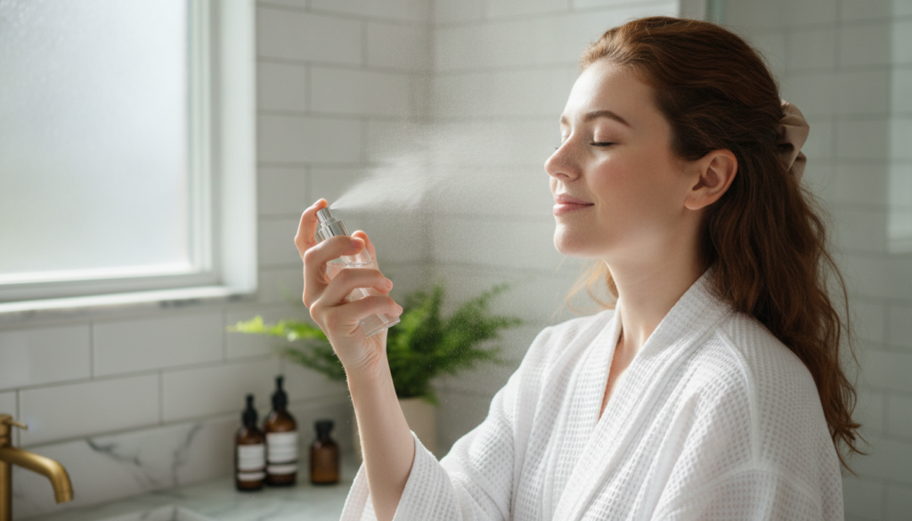 A woman gently misting her face with the DIY rosemary lemon spray looking refreshed and happy