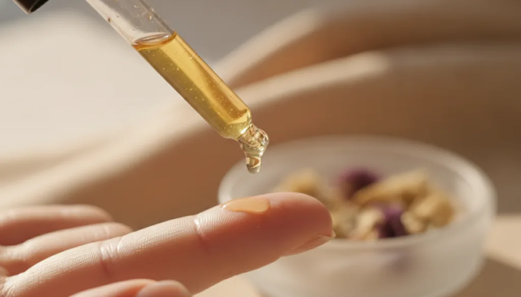 A person s hand applying a drop of oil to a nail using a dropper showing the close-up of the application process