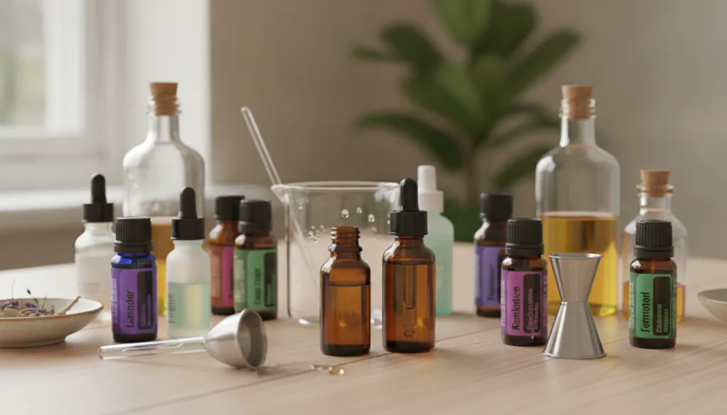 Close-up of small dark glass dropper bottles with various essential oil bottles and carrier oils around indicating the m