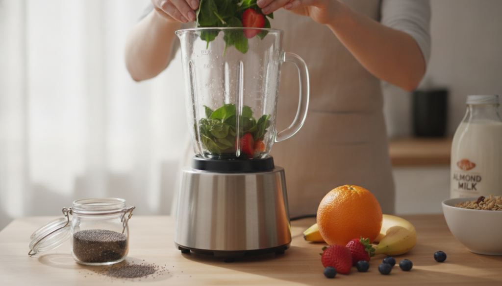 Hands adding fresh spinach and strawberries to a blender with other smoothie ingredients like an orange and chia seeds v