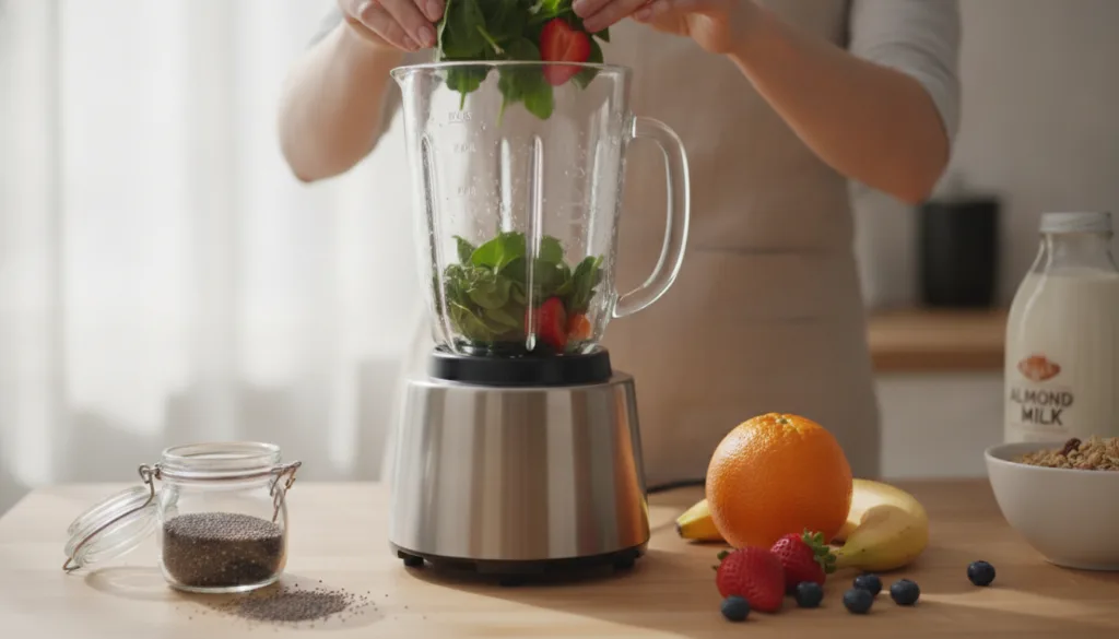 Hands adding fresh spinach and strawberries to a blender with other smoothie ingredients like an orange and chia seeds v