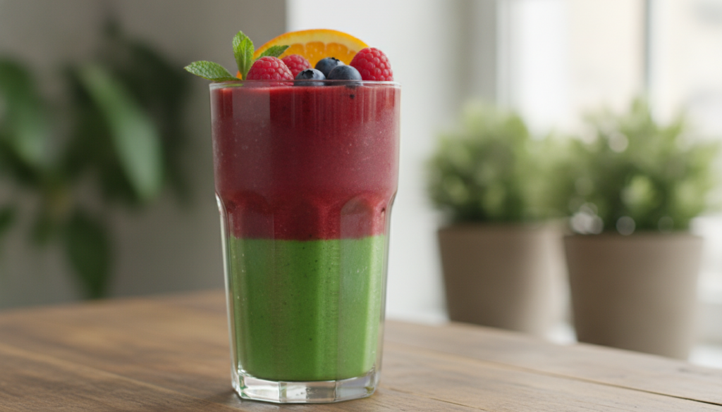 A close-up of a glass of vibrant green and red smoothie showing its smooth texture with a few fresh berries and a slice 
