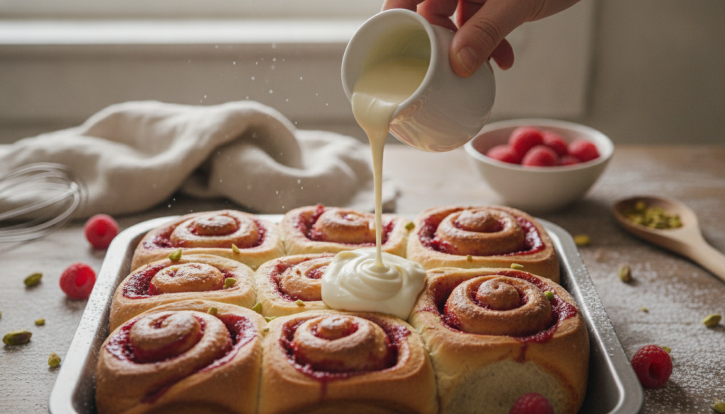 A top-down view of a hand drizzling creamy white glaze over warm raspberry cream cheese sweet rolls in a rustic kitchen 