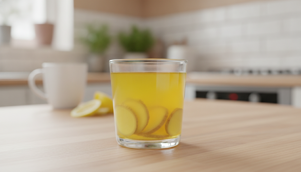A glass of a golden-yellow wellness shot or tea with slices of ginger and lemon visible suggesting a healthy and invigor