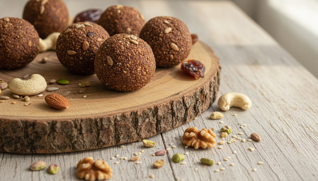 Several small round brown laddu treats made from nuts and seeds artfully arranged on a rustic wooden platter with some l