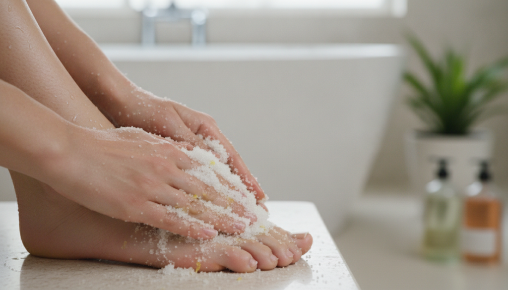 A person s hands gently massaging a homemade sugar scrub onto their heel in a close-up shot with a blurred background of