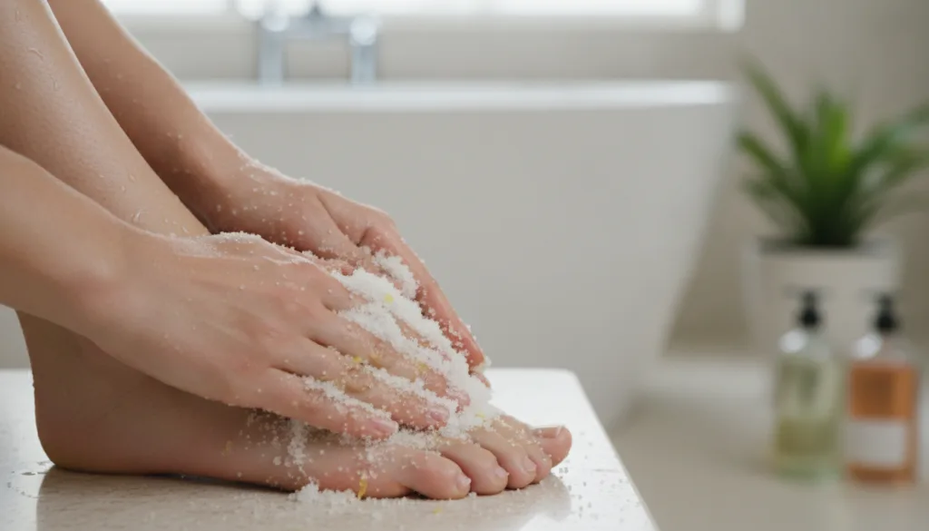 A person s hands gently massaging a homemade sugar scrub onto their heel in a close-up shot with a blurred background of