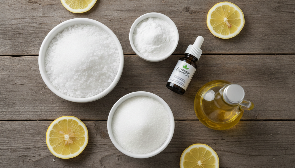 Various natural ingredients for a foot soak and scrub laid out on a rustic wooden table a bowl of Epsom salts a bowl of