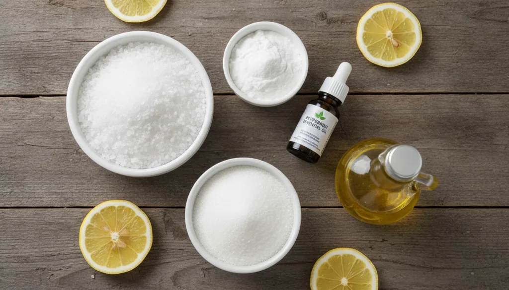 Various natural ingredients for a foot soak and scrub laid out on a rustic wooden table a bowl of Epsom salts a bowl of 