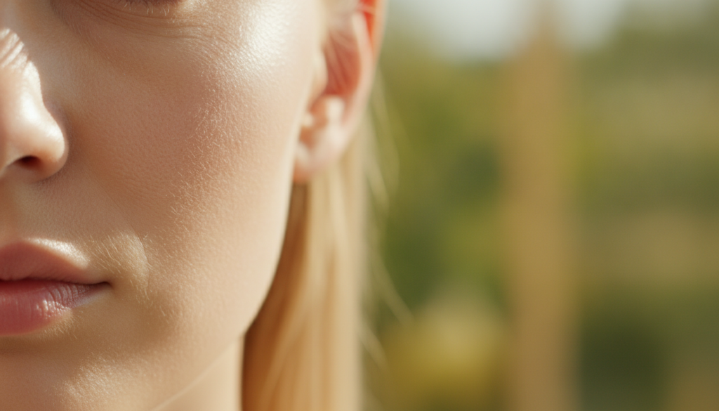 A close-up of a woman s radiant and smooth skin on her cheek showing a healthy youthful glow with soft focus in the back