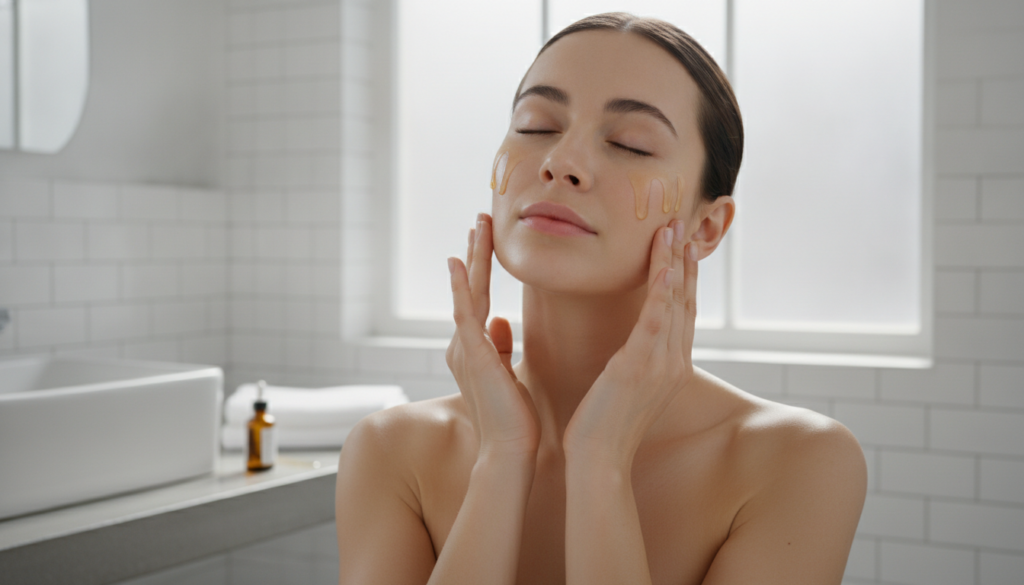 A woman gently massaging a few drops of facial oil onto her cleansed face and neck with upward motions in a bright bathr