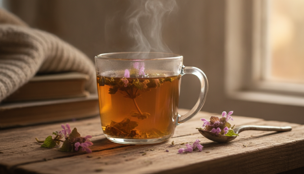 A clear glass mug containing a warm amber-colored herbal infusion made from Purple Dead Nettle with some fresh or dried