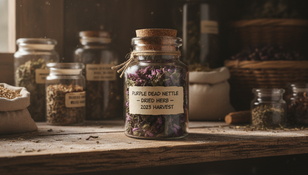 A collection of dried purple dead nettle leaves and flowers neatly arranged in a small glass jar labeled for storage on