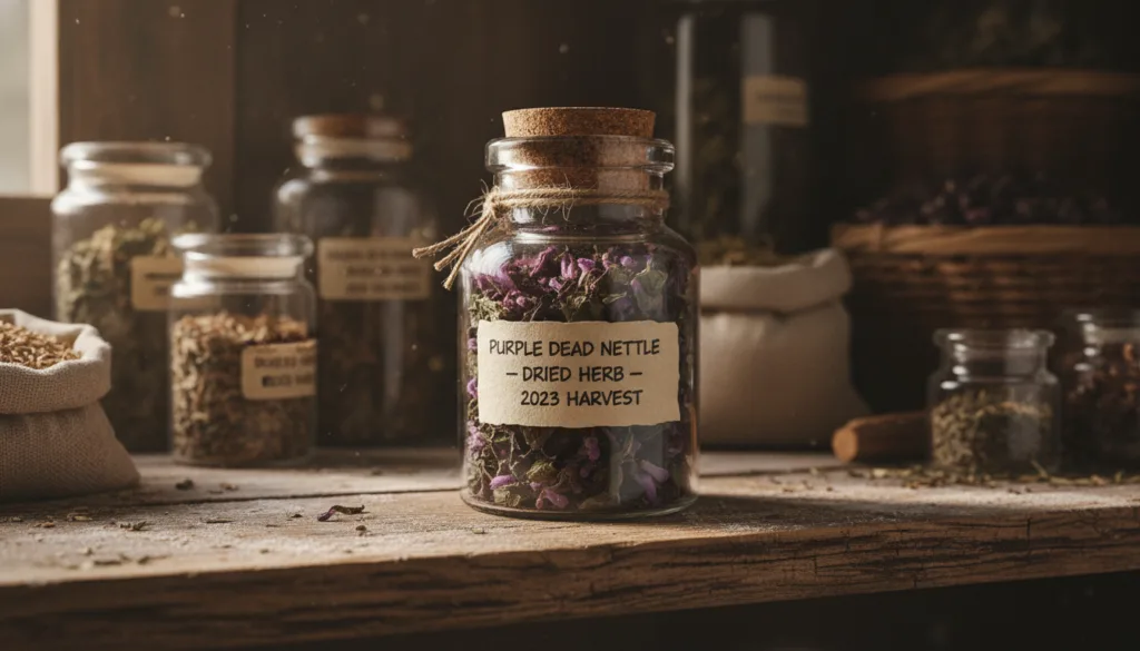 A collection of dried purple dead nettle leaves and flowers neatly arranged in a small glass jar labeled for storage on 