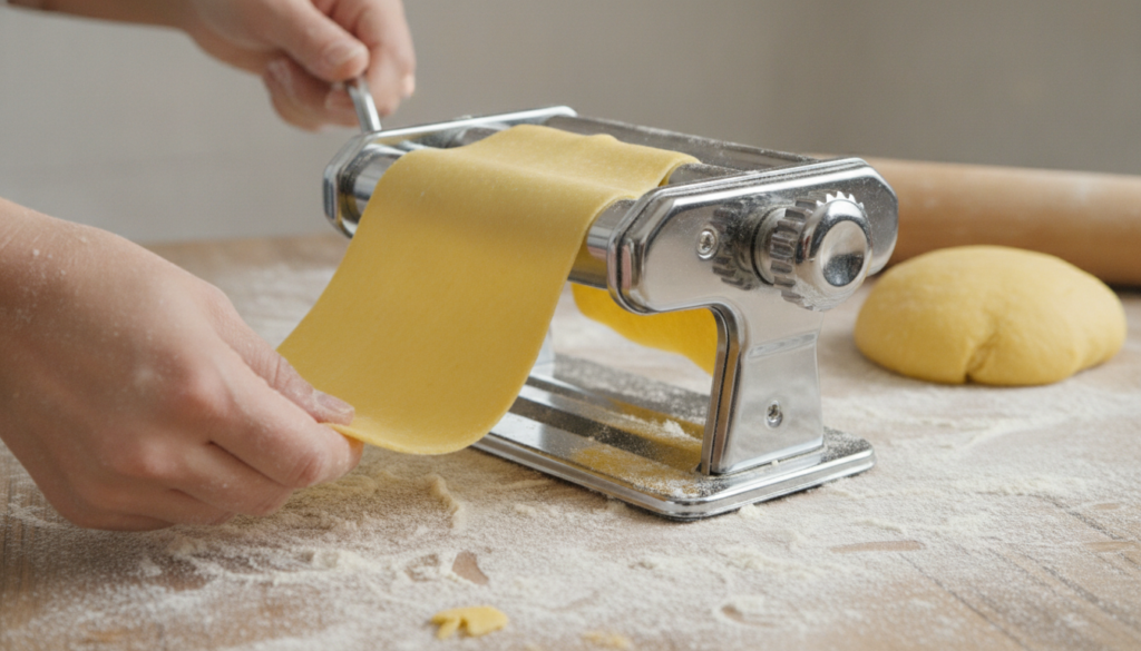 Freshly made vibrant yellow pasta dough being rolled thin through a manual pasta maker with flour dusting the surface