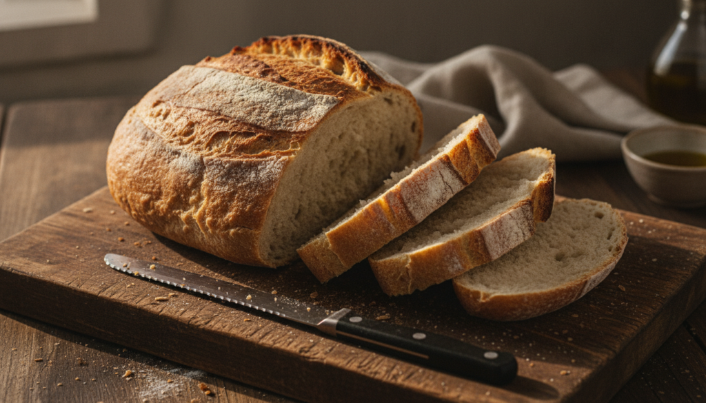 A perfectly baked loaf of white bread with a golden-brown crust sliced to reveal a soft airy interior on a cutting board
