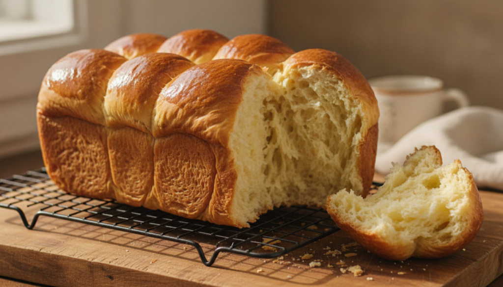 A golden-brown braided brioche loaf glossy and slightly risen on a cooling rack with a few pieces torn off