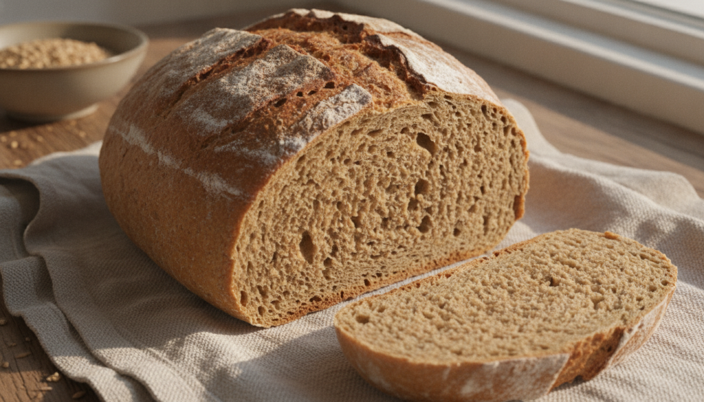 A rustic golden-brown loaf of whole wheat bread with a slightly dense yet soft interior visible from a cross-section on