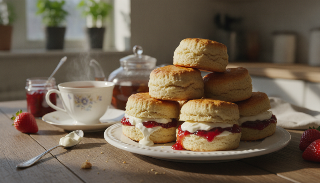 Freshly baked tall and fluffy scones some cut open with jam and clotted cream on a plate with a cup of tea