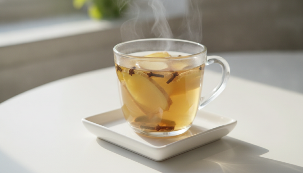 A close-up shot of a cup of ginger and clove tea steamy and inviting with a slice of fresh ginger and a few whole cloves