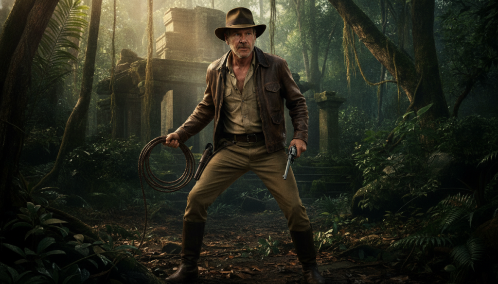 Harrison Ford dressed as Indiana Jones wearing a fedora and holding a whip in an adventurous pose from a movie still