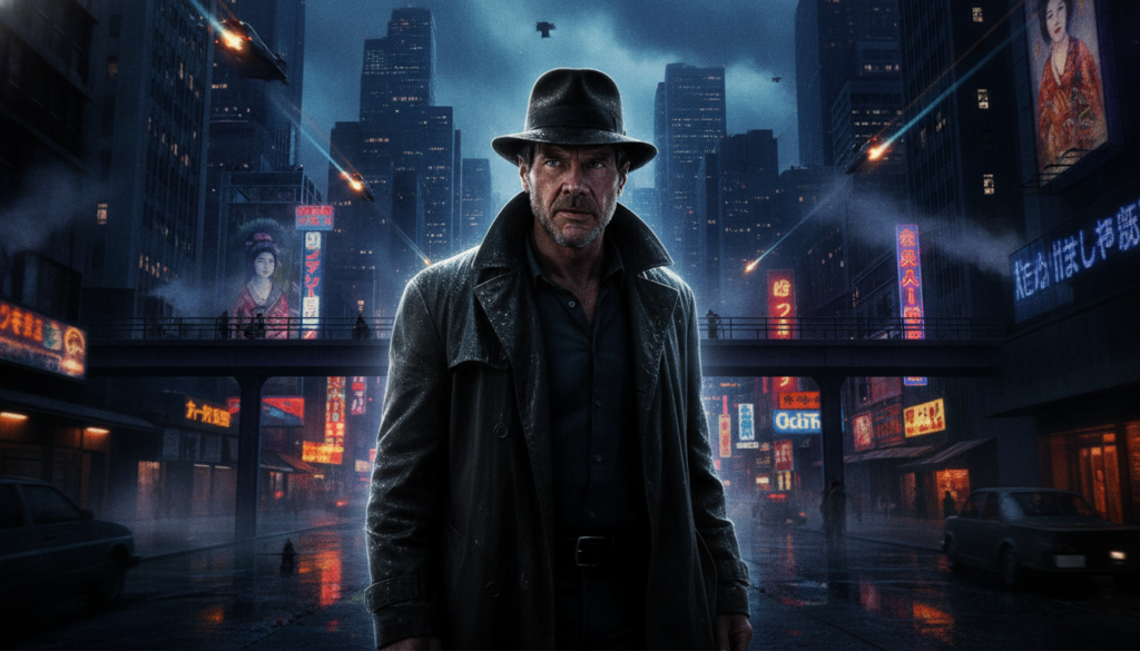 A movie poster for Harrison Ford s film Blade Runner featuring his character Rick Deckard in a dystopian future setting