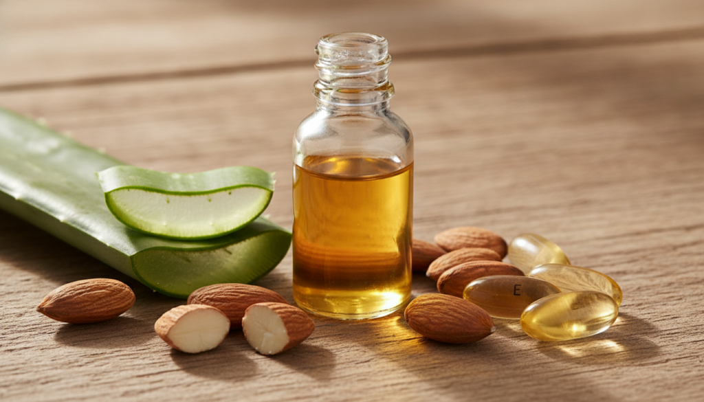 Close-up of small glass dropper bottle filled with a golden liquid surrounded by almonds aloe vera leaves and vitamin E 