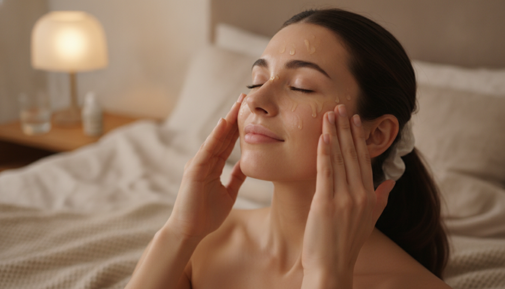 Hands gently massaging a few drops of oil onto a woman s clean face and neck during a nighttime routine focusing on hydr