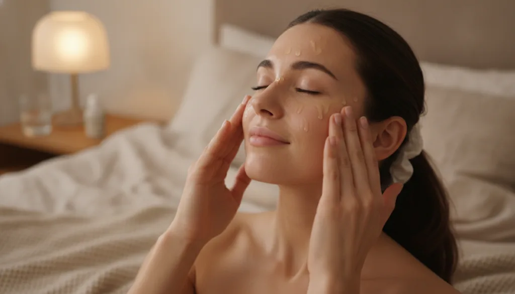 Hands gently massaging a few drops of oil onto a woman s clean face and neck during a nighttime routine focusing on hydr
