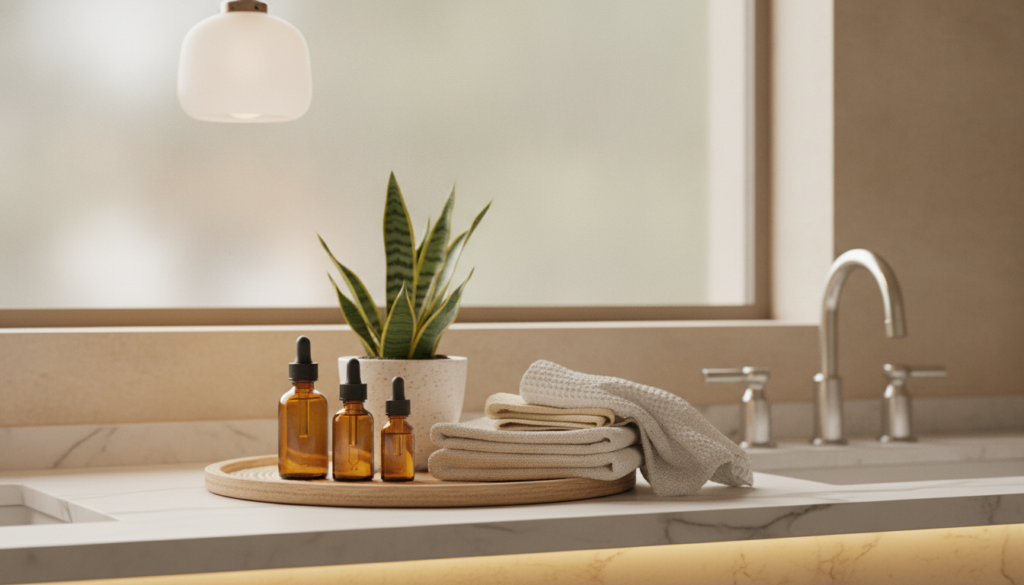 A serene bathroom counter with small amber glass bottles of homemade beauty oils a small green plant and soft towels cre