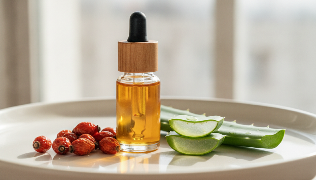A close-up of a small glass dropper bottle filled with a golden-hued oil with dried rosehip berries and small aloe vera