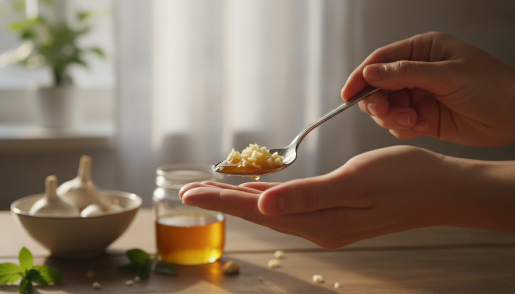 A person s hands holding a small spoon with a mixture of minced garlic and honey ready to be consumed The background is