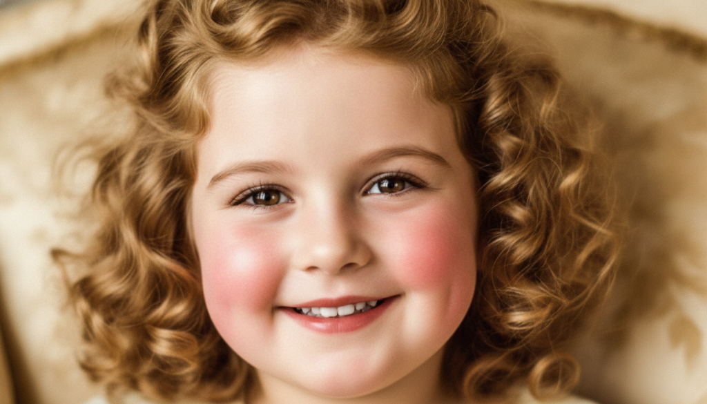 A close-up portrait of young Shirley Temple s face highlighting her curls and dimples