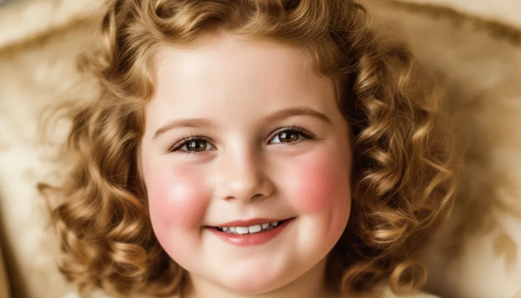 A close-up portrait of young Shirley Temple s face highlighting her curls and dimples
