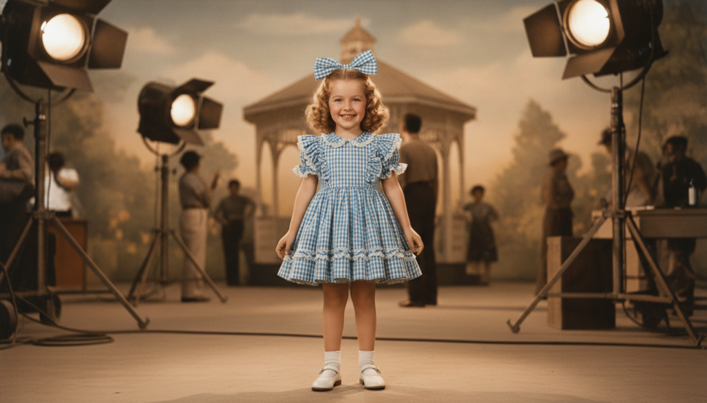 Shirley Temple as a young girl smiling in a classic film costume