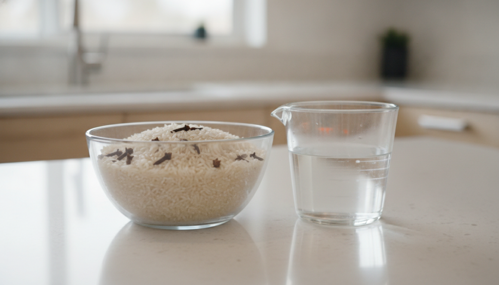 A clear glass bowl containing uncooked white rice and whole cloves with a measuring cup of water nearby on a clean kitch