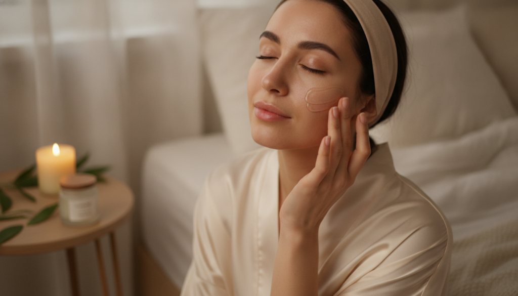 A person gently applying a clear gel to their face in the evening with soft bedroom lighting demonstrating the how to us