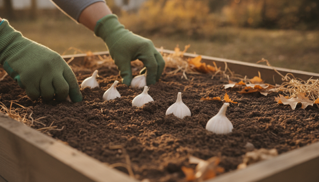 A close-up of garlic cloves being planted into rich dark soil in a raised garden bed during autumn with gloved hands pre