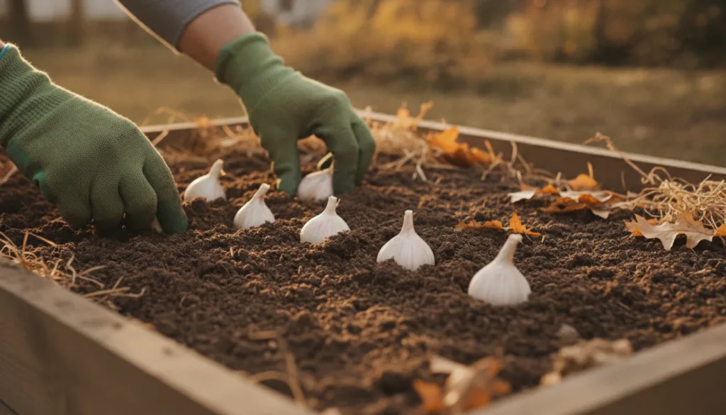 A close-up of garlic cloves being planted into rich dark soil in a raised garden bed during autumn with gloved hands pre