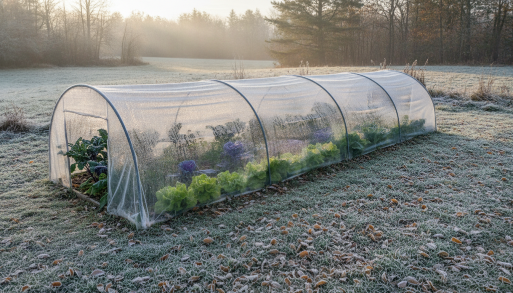 A garden bed covered with a clear plastic low tunnel or row cover protecting cool-season crops during a frosty autumn or