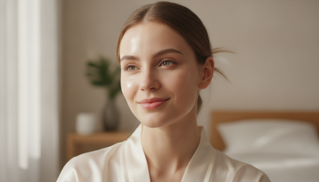 A woman with glowing smooth glass skin in the morning looking fresh and radiant