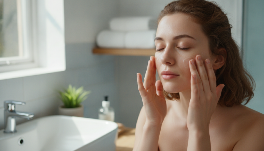 A woman applying the freshly made rice and clove gel to her clean face