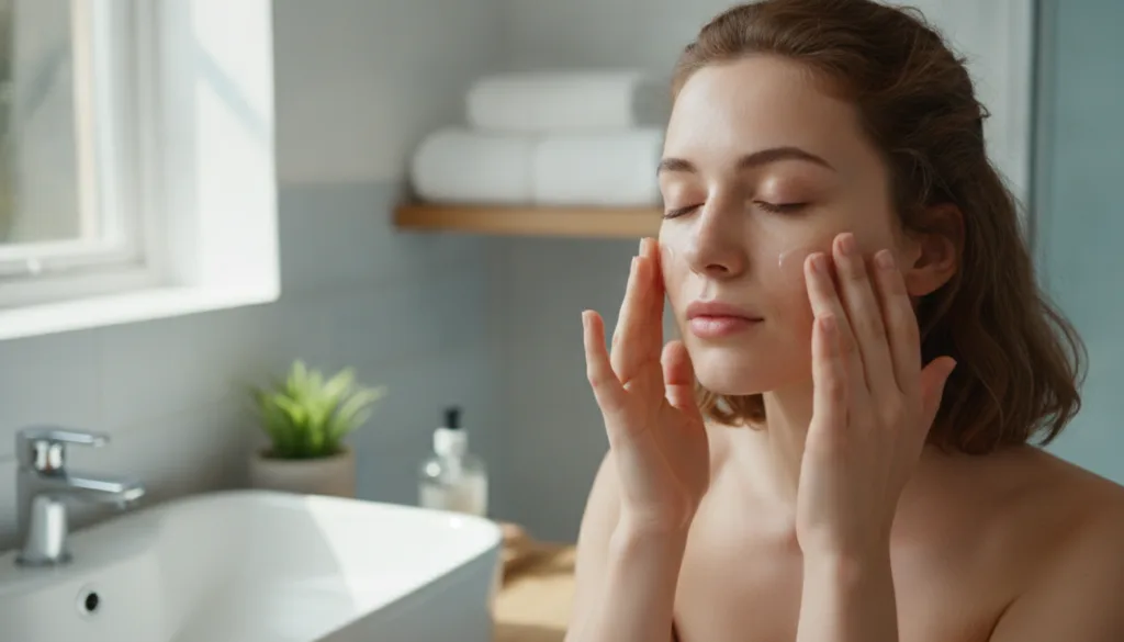 A woman applying the freshly made rice and clove gel to her clean face