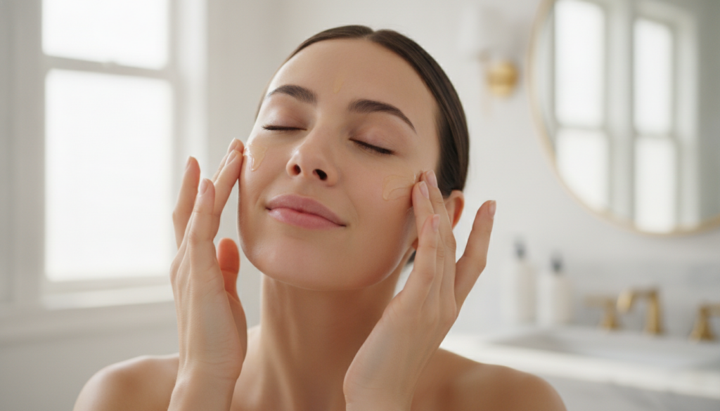 A woman gently massaging face oil onto her clean face after applying a toner showing the application of the daily duo