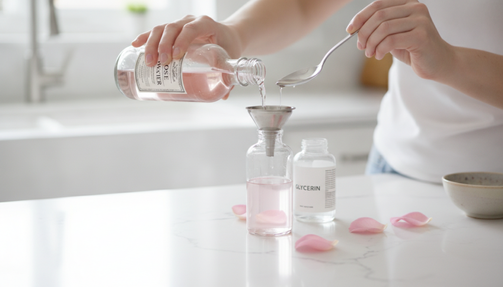 Hands pouring rosewater into a spray bottle and then adding glycerin illustrating the mixing process for the toner