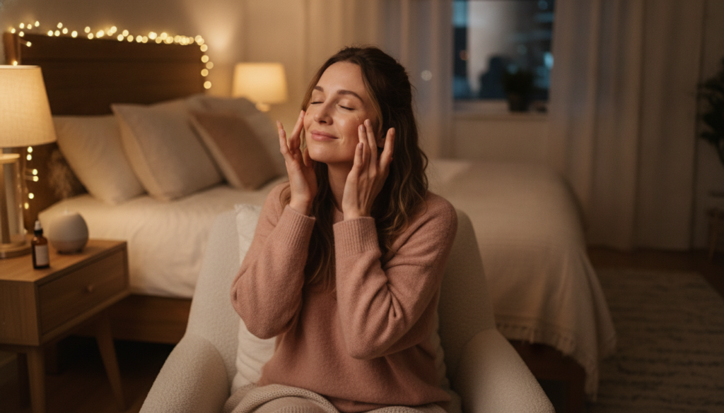 A woman gently massaging a few drops of oil onto her face with a soft content expression in a dimly lit bedroom setting