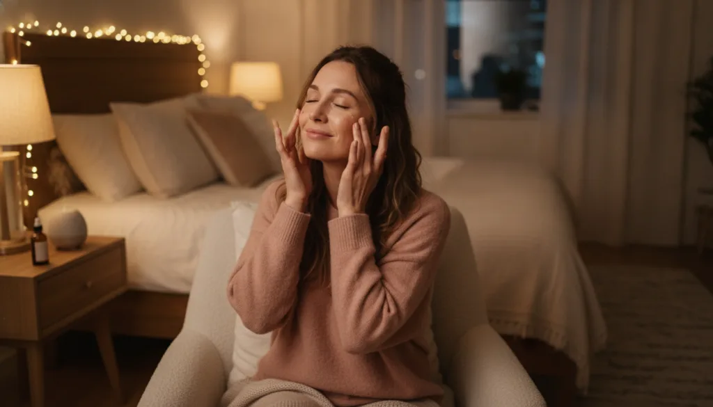 A woman gently massaging a few drops of oil onto her face with a soft content expression in a dimly lit bedroom setting