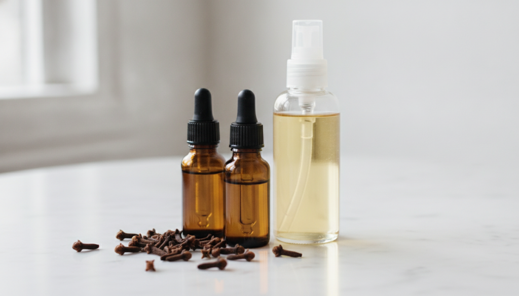Close-up of small bottles of clove essential oil and a larger bottle of jojoba oil with a few whole cloves scattered on