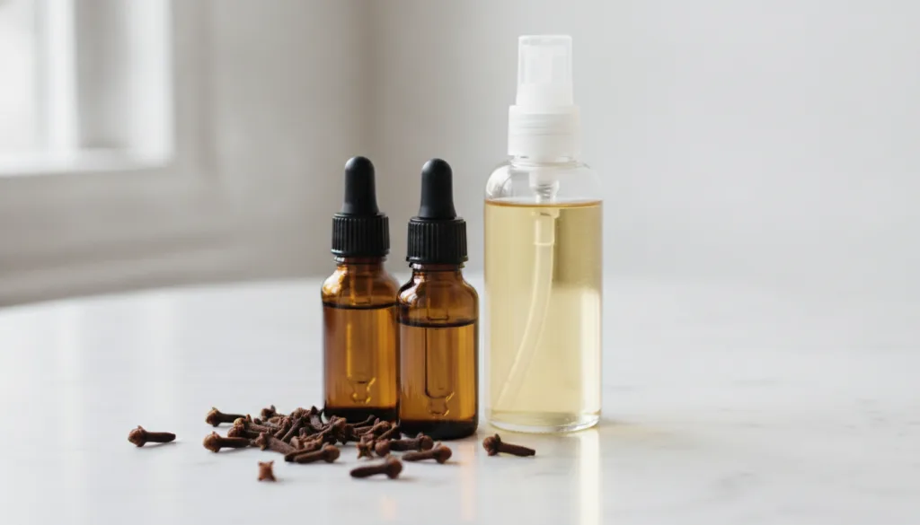Close-up of small bottles of clove essential oil and a larger bottle of jojoba oil with a few whole cloves scattered on 
