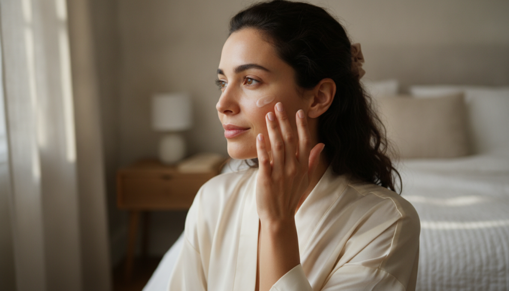 A woman gently applying a small amount of white rice gel to her clean face before bedtime with soft natural light in a b